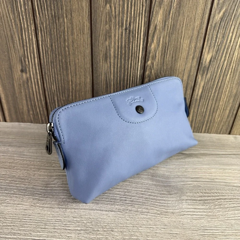 Longchamp Le Pliage Cuir Leather Pouch Cosmetic Bag Pilot Blue Zip Clutch